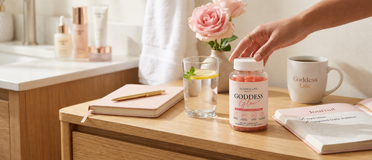 Goddess Glow Apple Cider Vinegar Gummies on a tidy vanity as part of a daily routine.
