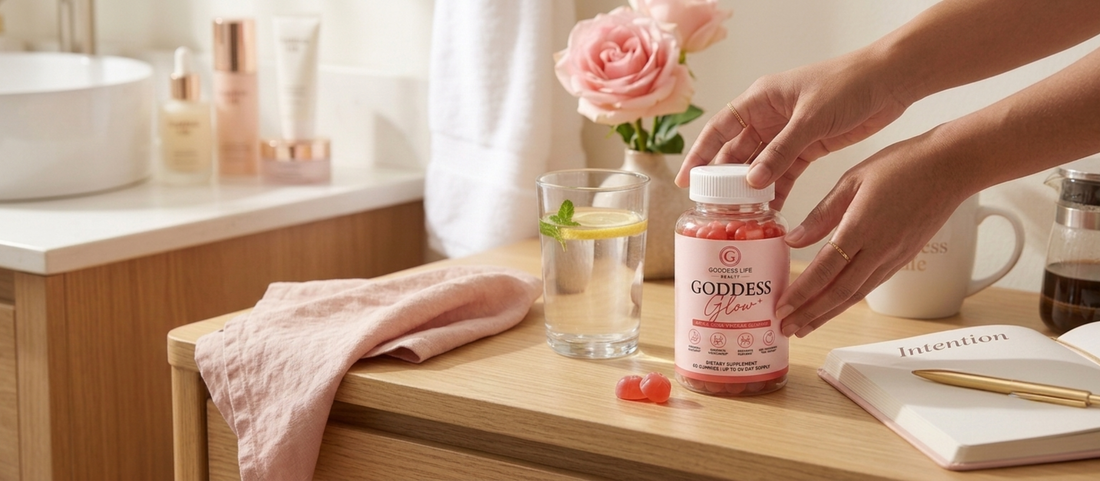A calm morning scene with a glass of water and Goddess Glow Apple Cider Vinegar Gummies.